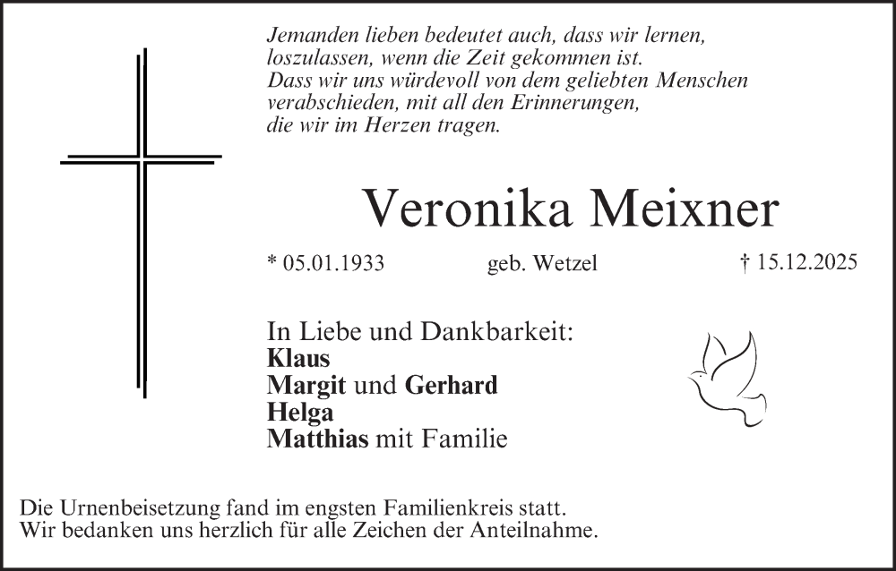  Traueranzeige für Veronika Meixner vom 31.01.2026 aus MGO