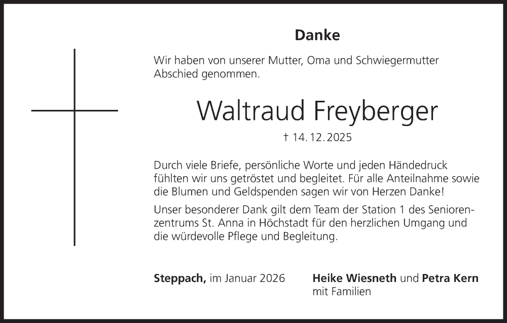  Traueranzeige für Waltraud Freyberger vom 17.01.2026 aus MGO
