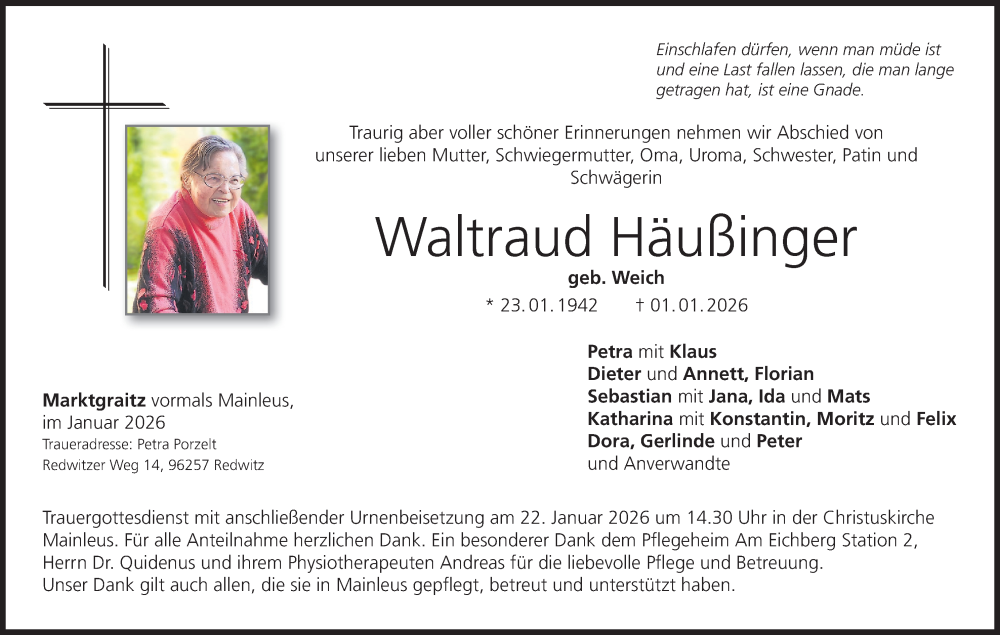  Traueranzeige für Waltraud Häußinger vom 17.01.2026 aus MGO