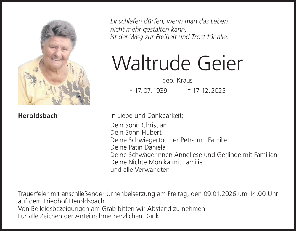  Traueranzeige für Waltrude Geier vom 03.01.2026 aus MGO