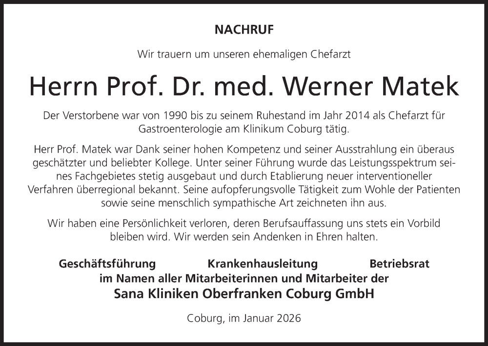  Traueranzeige für Werner Matek vom 24.01.2026 aus MGO
