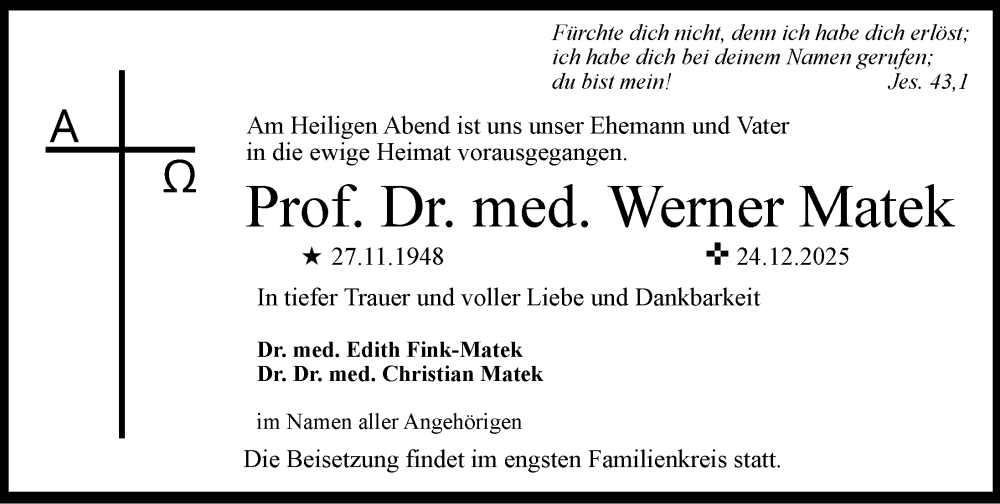  Traueranzeige für Werner Matek vom 07.01.2026 aus MGO