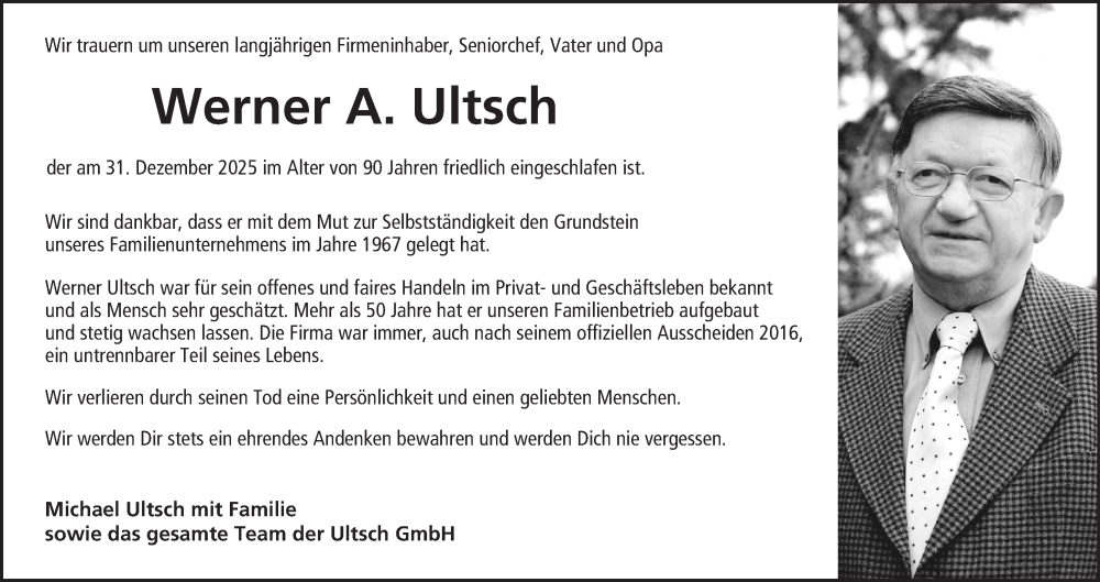  Traueranzeige für Werner A. Ultsch vom 10.01.2026 aus MGO