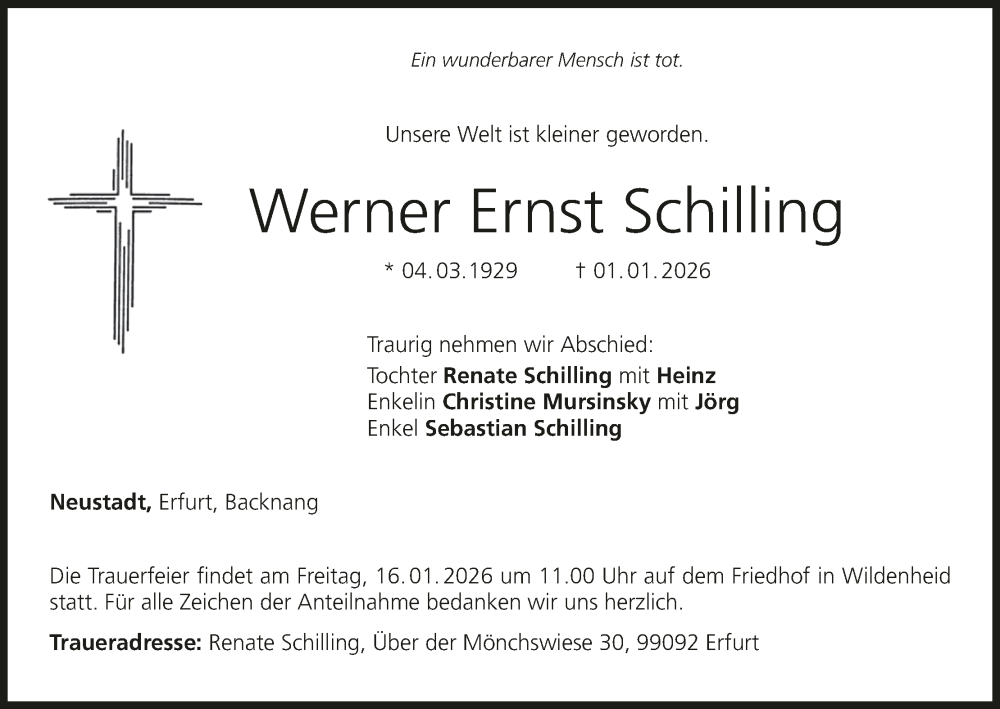  Traueranzeige für Werner Ernst Schilling vom 10.01.2026 aus MGO