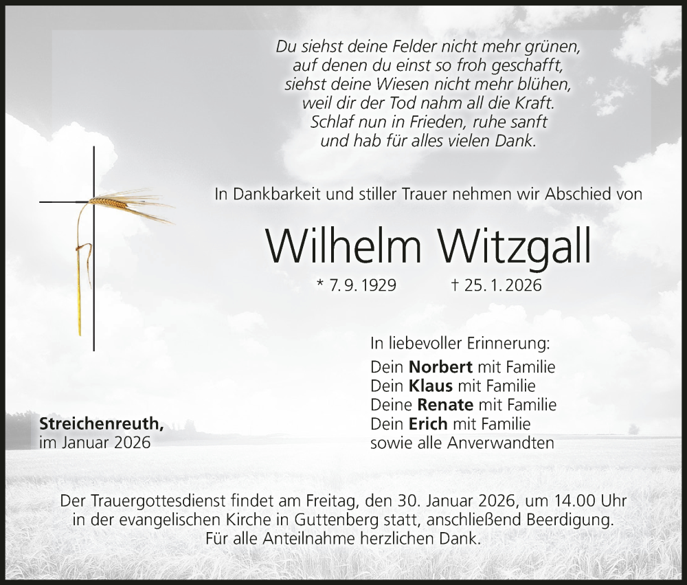  Traueranzeige für Wilhelm Witzgall vom 28.01.2026 aus MGO