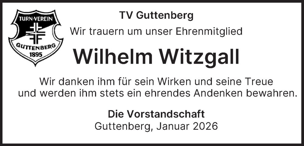  Traueranzeige für Wilhelm Witzgall vom 28.01.2026 aus MGO