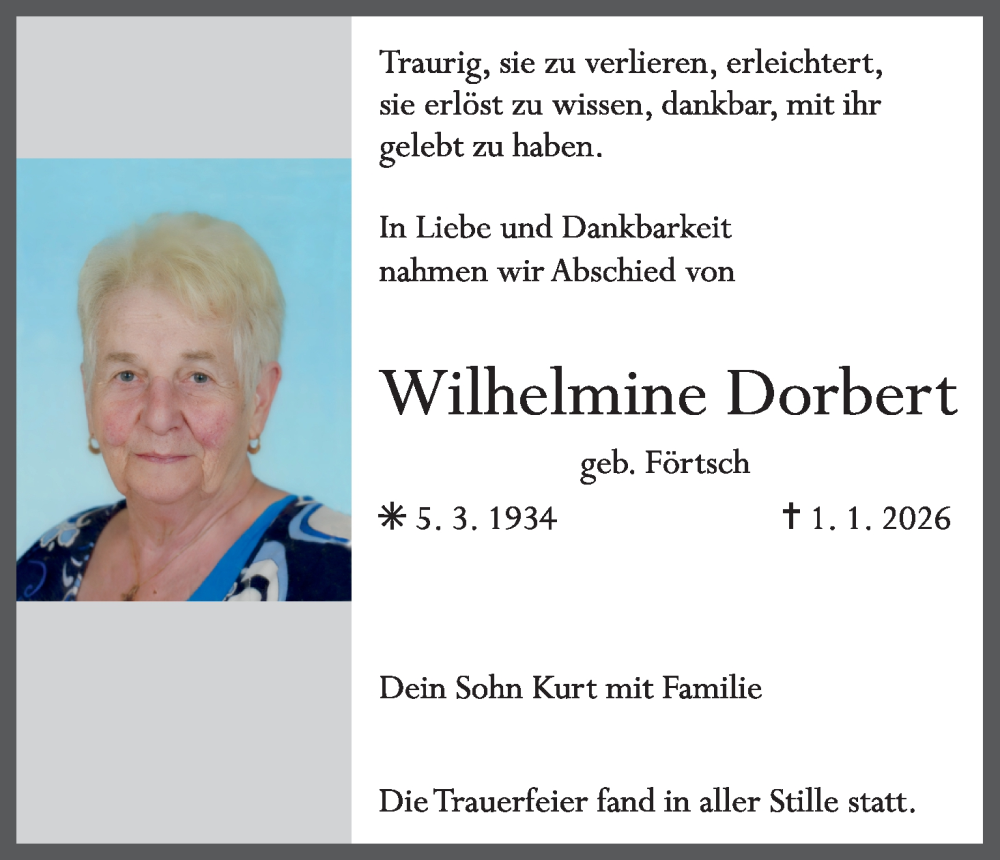  Traueranzeige für Wilhelmine Dorbert vom 31.01.2026 aus MGO