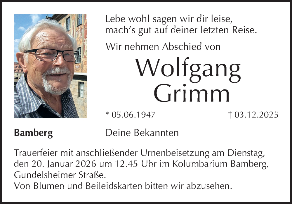  Traueranzeige für Wolfgang Grimm vom 17.01.2026 aus MGO