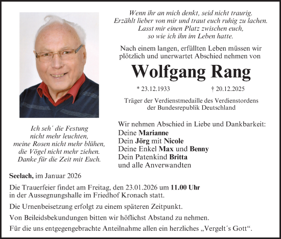 Anzeige von Wolfgang Rang von MGO