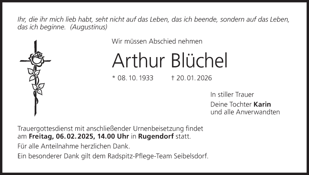  Traueranzeige für Arthur Blüchel vom 04.02.2026 aus MGO