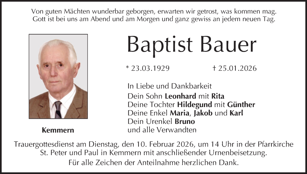  Traueranzeige für Baptist Bauer vom 07.02.2026 aus MGO