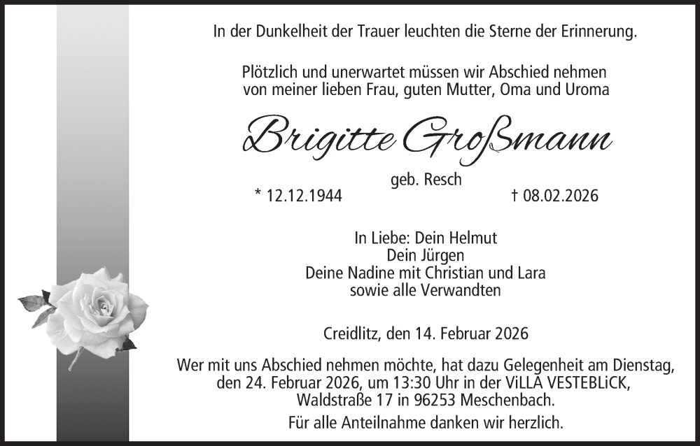  Traueranzeige für Brigitte Großmann vom 14.02.2026 aus MGO