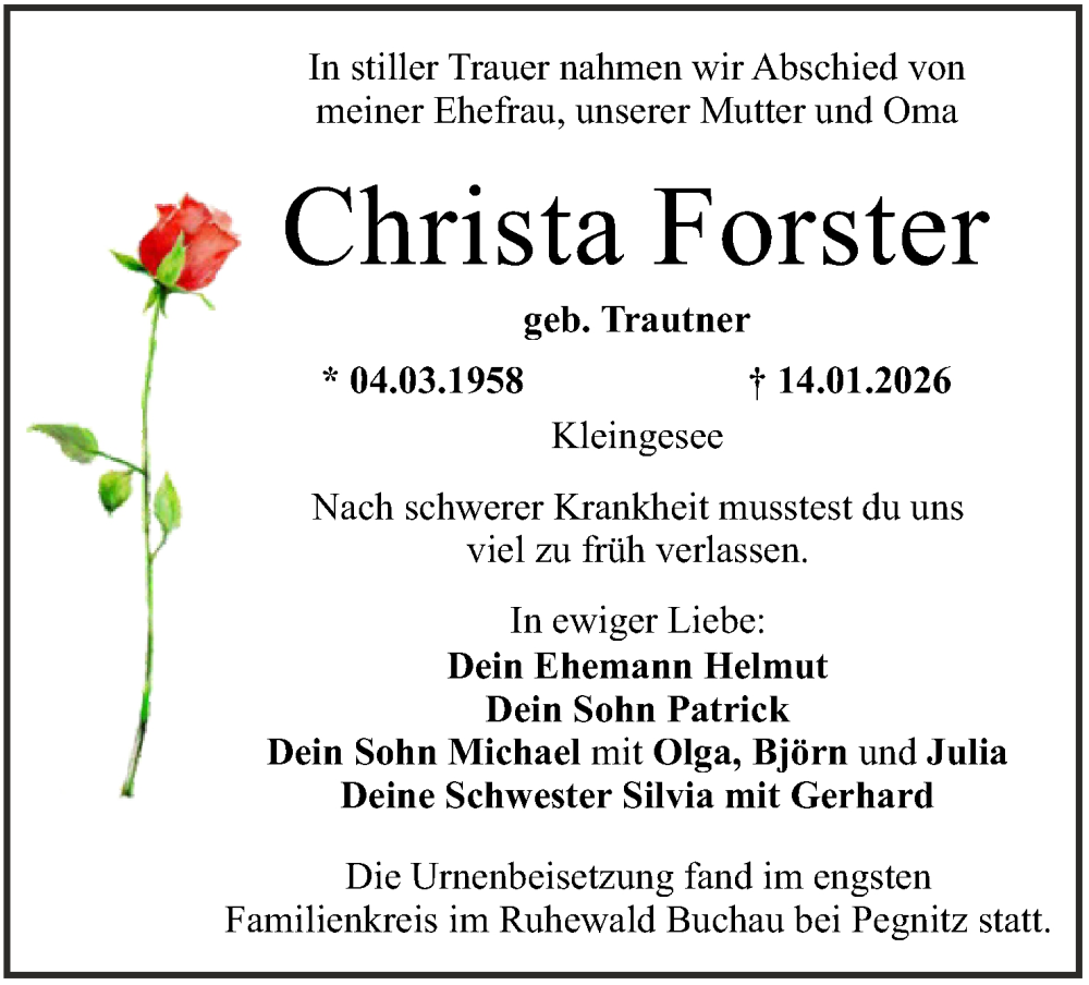  Traueranzeige für Christa Forster vom 07.02.2026 aus MGO