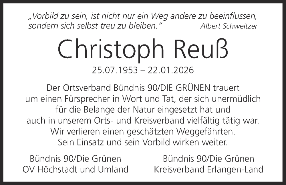  Traueranzeige für Christoph Reuß vom 07.02.2026 aus MGO