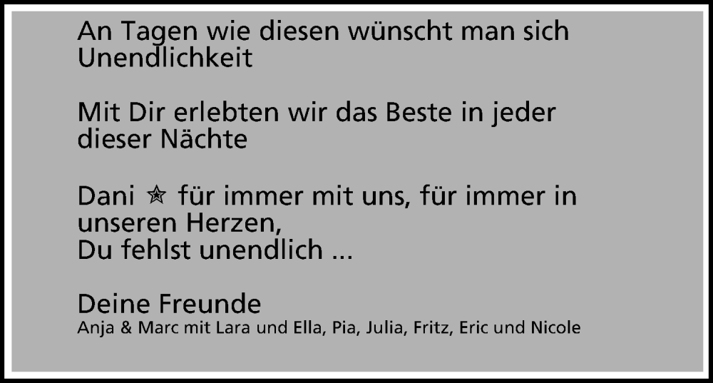  Traueranzeige für Dani  vom 07.02.2026 aus MGO