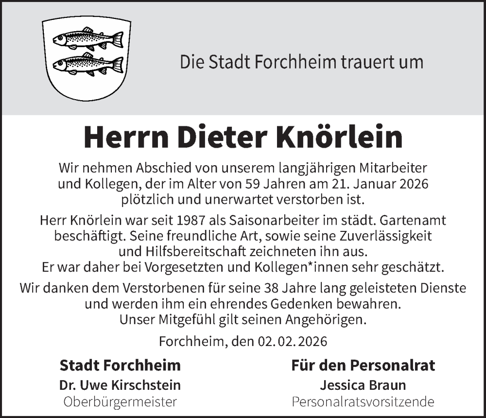  Traueranzeige für Dieter Knörlein vom 02.02.2026 aus MGO