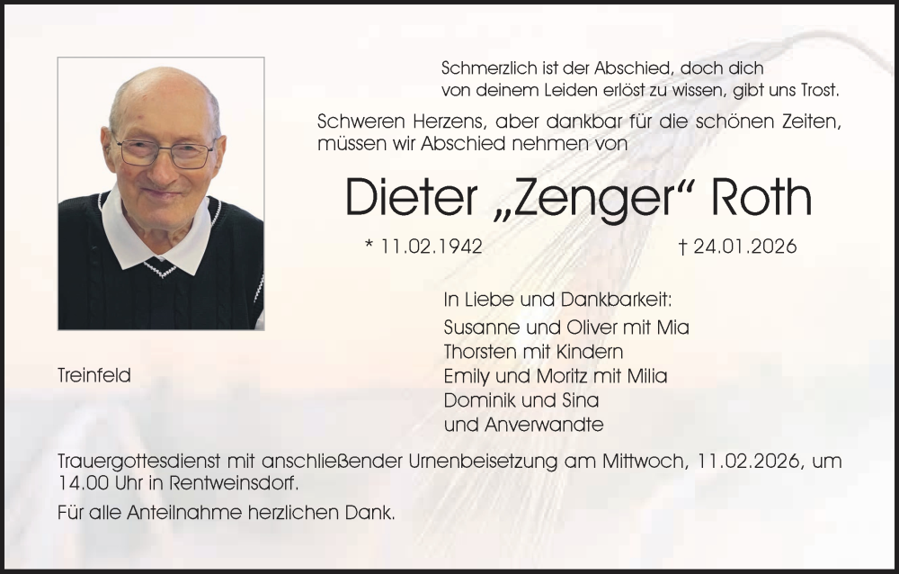  Traueranzeige für Dieter Roth vom 07.02.2026 aus MGO