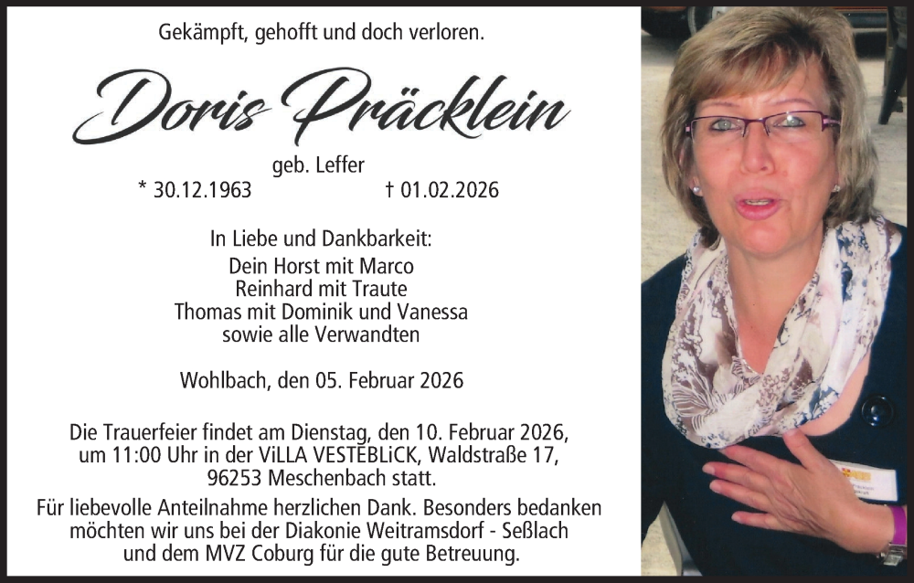  Traueranzeige für Doris Präcklein vom 05.02.2026 aus MGO