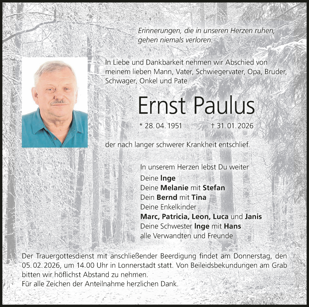  Traueranzeige für Ernst Paulus vom 04.02.2026 aus MGO