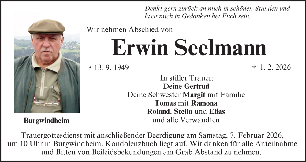 Traueranzeige für Erwin Seelmann vom 04.02.2026 aus MGO