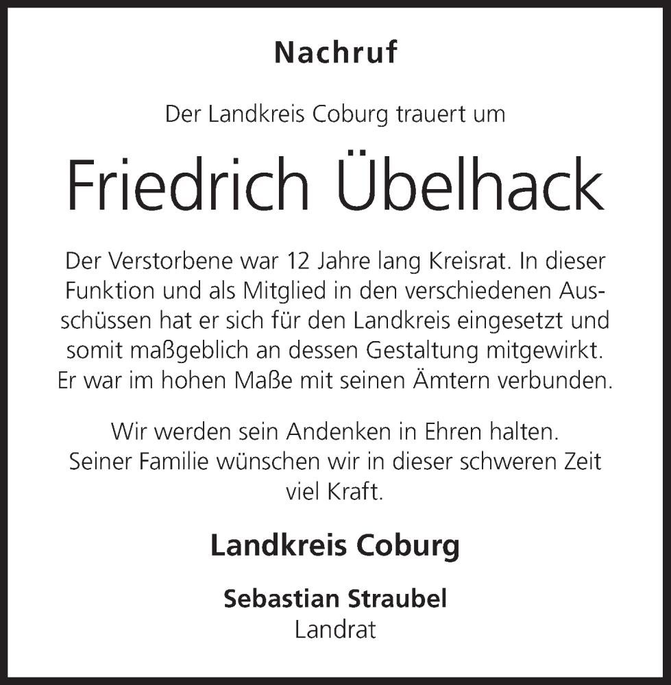  Traueranzeige für Friedrich Übelhack vom 04.02.2026 aus MGO