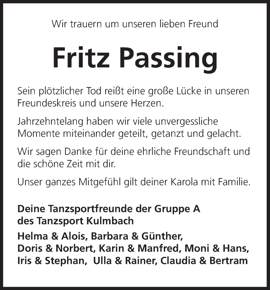  Traueranzeige für Fritz Passing vom 07.02.2026 aus MGO