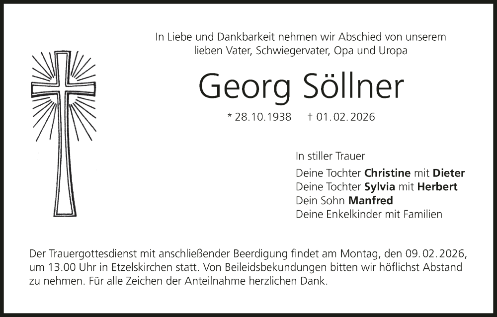  Traueranzeige für Georg Söllner vom 06.02.2026 aus MGO