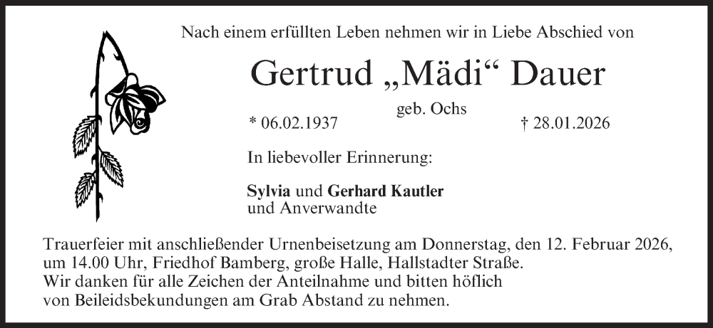  Traueranzeige für Gertrud Dauer vom 07.02.2026 aus MGO