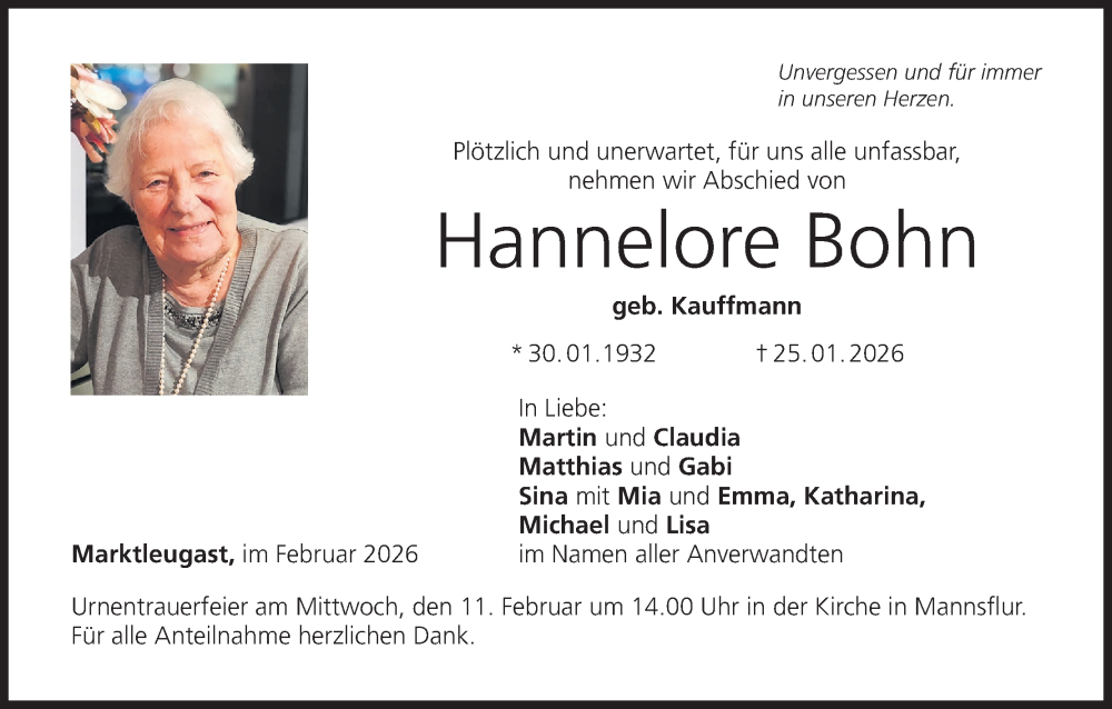  Traueranzeige für Hannelore Bohn vom 07.02.2026 aus MGO