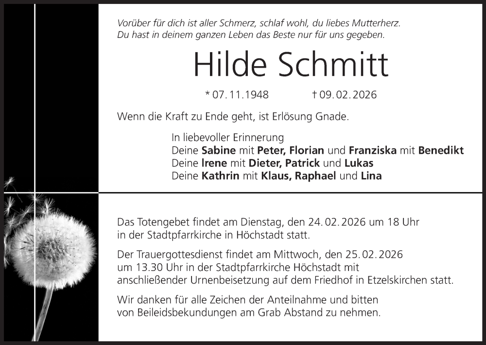  Traueranzeige für Hilde Schmitt vom 21.02.2026 aus MGO