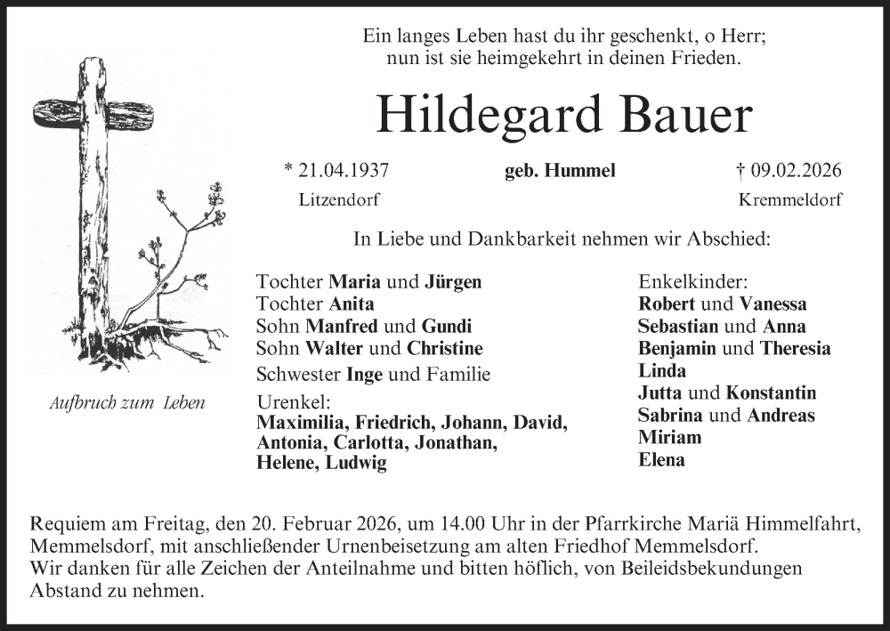  Traueranzeige für Hildegard Bauer vom 14.02.2026 aus MGO
