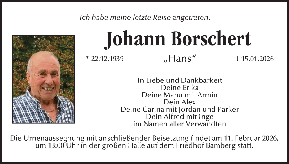  Traueranzeige für Johann Borschert vom 07.02.2026 aus MGO