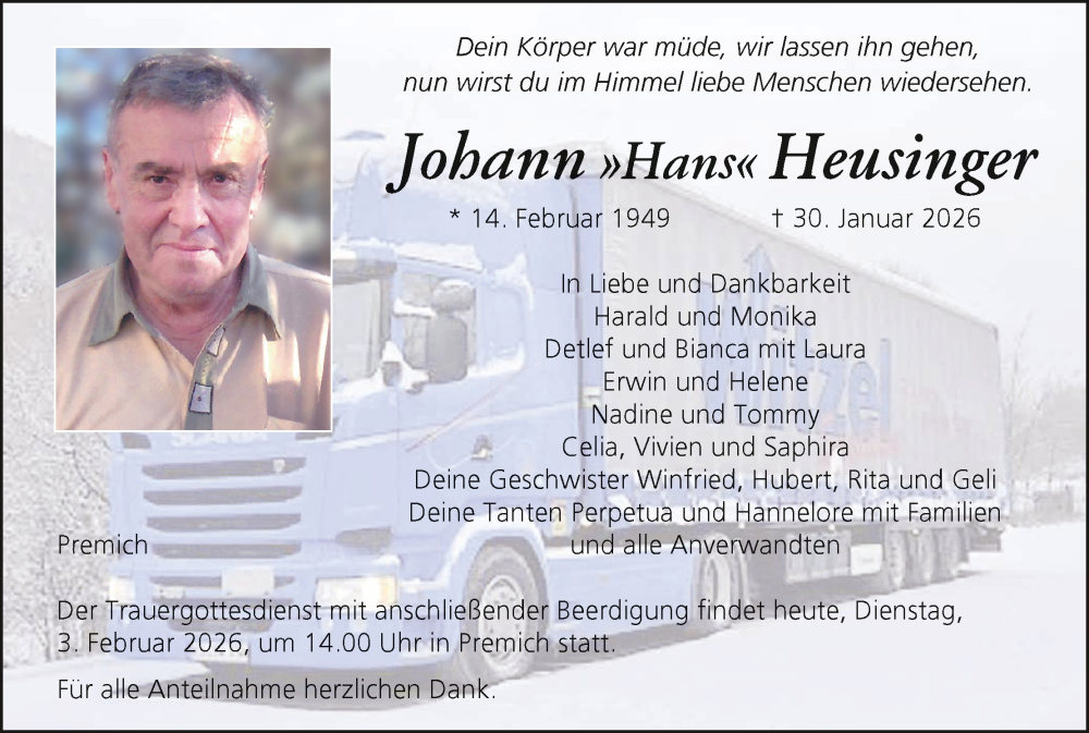  Traueranzeige für Johann Heusinger vom 03.02.2026 aus MGO