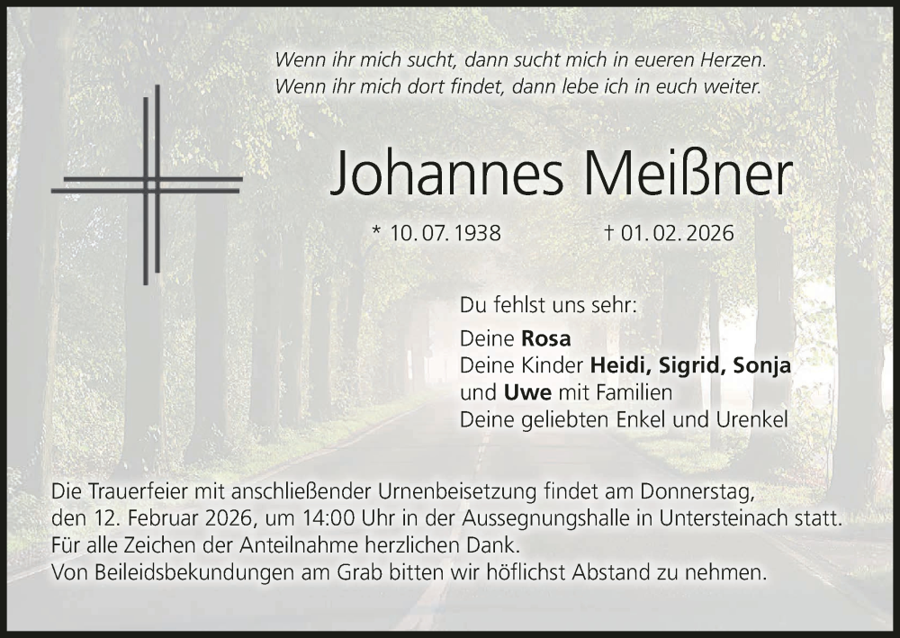  Traueranzeige für Johannes Meißner vom 07.02.2026 aus MGO
