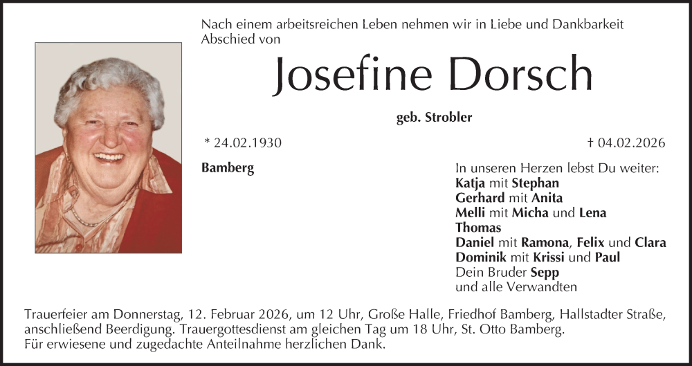  Traueranzeige für Josefine Dorsch vom 07.02.2026 aus MGO