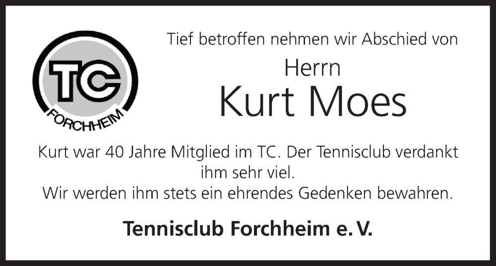  Traueranzeige für Kurt Moes vom 03.02.2026 aus MGO