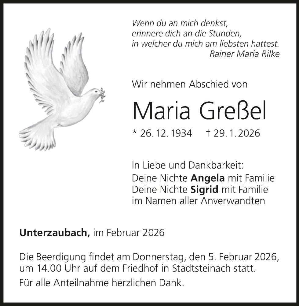  Traueranzeige für Maria Greßel vom 03.02.2026 aus MGO