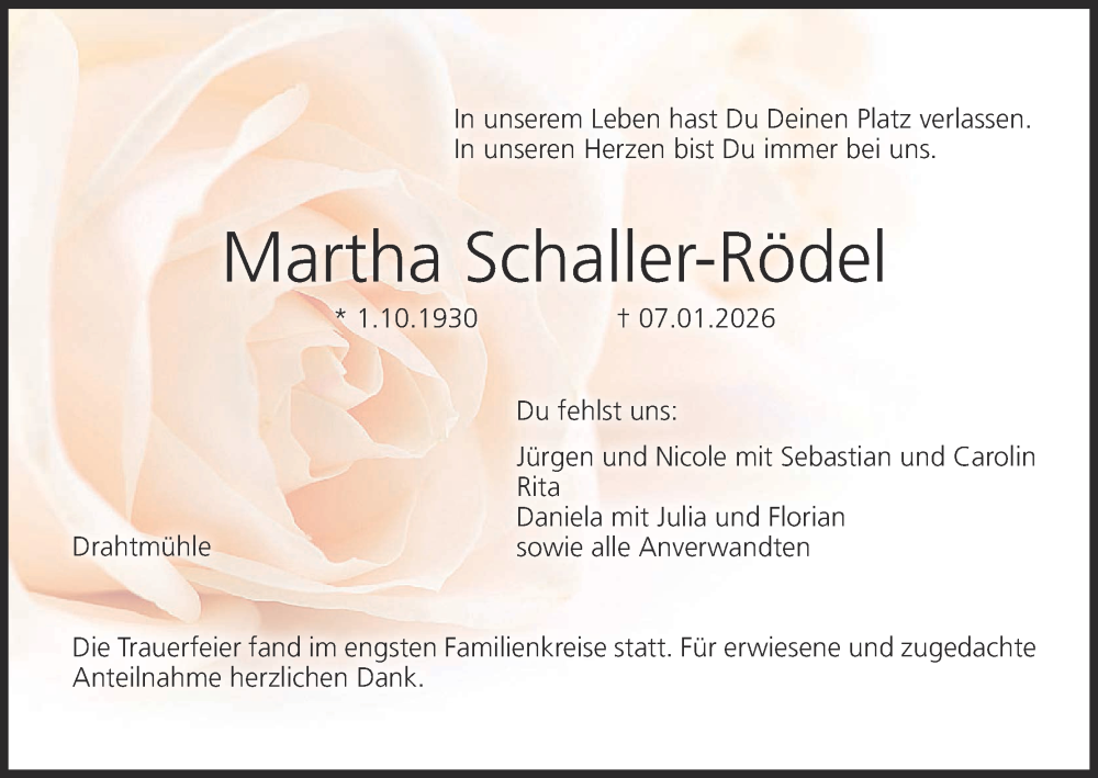  Traueranzeige für Martha Schaller-Rödel vom 03.02.2026 aus MGO