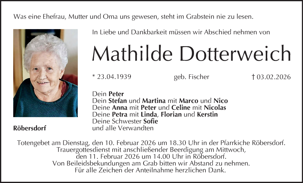  Traueranzeige für Mathilde Dotterweich vom 07.02.2026 aus MGO