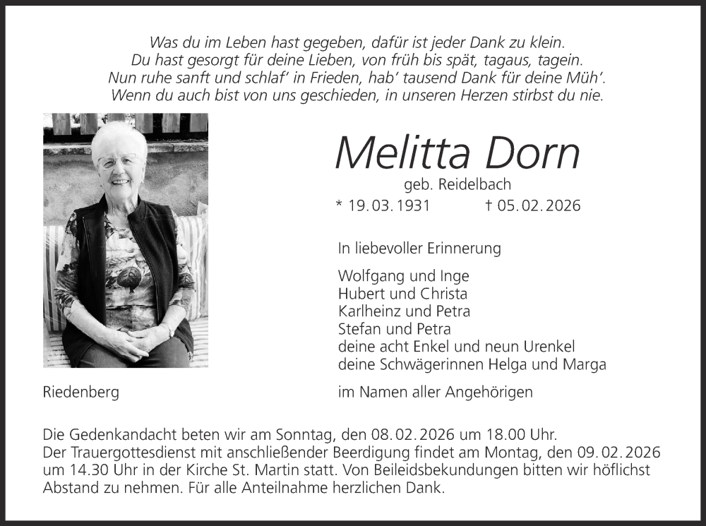  Traueranzeige für Melitta Dorn vom 07.02.2026 aus MGO