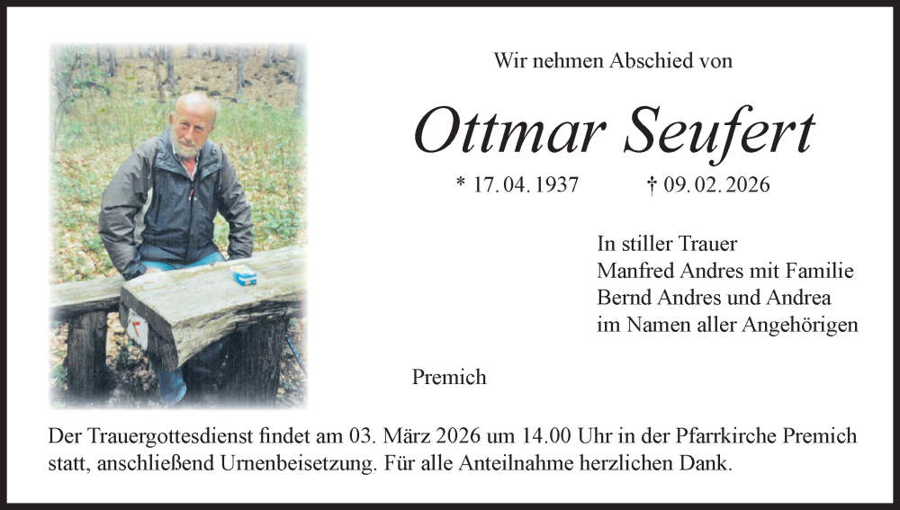  Traueranzeige für Ottmar Seufert vom 14.02.2026 aus MGO