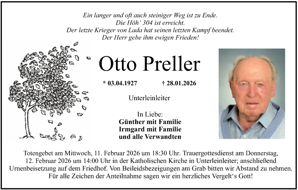  Traueranzeige für Otto Preller vom 07.02.2026 aus MGO