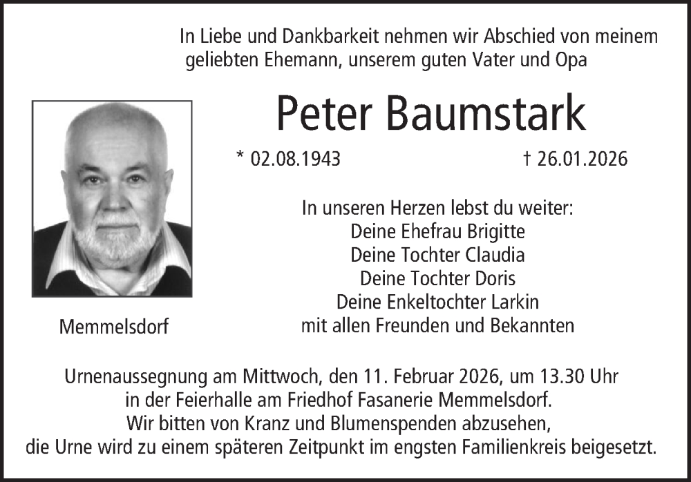  Traueranzeige für Peter Baumstark vom 07.02.2026 aus MGO
