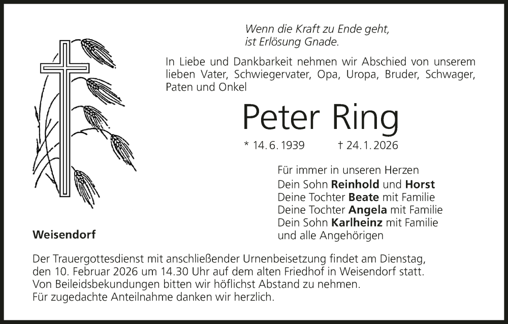  Traueranzeige für Peter Ring vom 04.02.2026 aus MGO