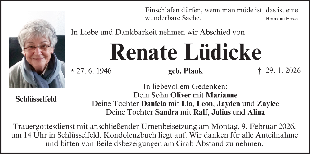  Traueranzeige für Renate Lüdicke vom 05.02.2026 aus MGO