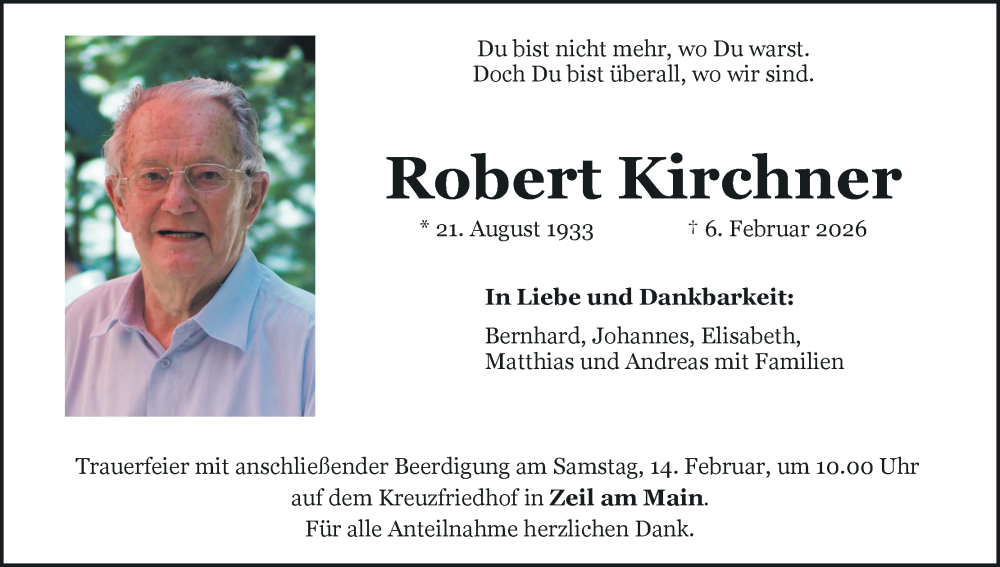  Traueranzeige für Robert Kirchner vom 11.02.2026 aus MGO