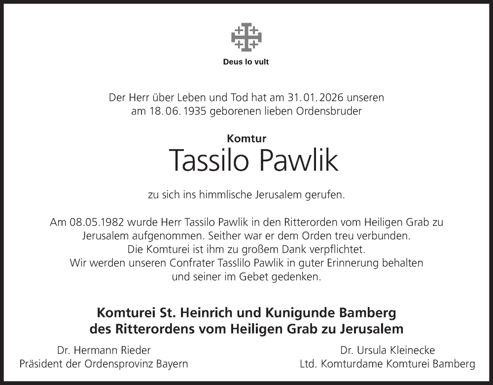  Traueranzeige für Tassilo Pawlik vom 03.02.2026 aus MGO