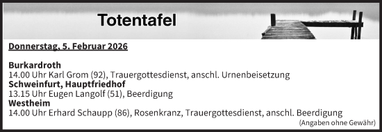 Anzeige von Totentafel vom 05.02.2026 von MGO