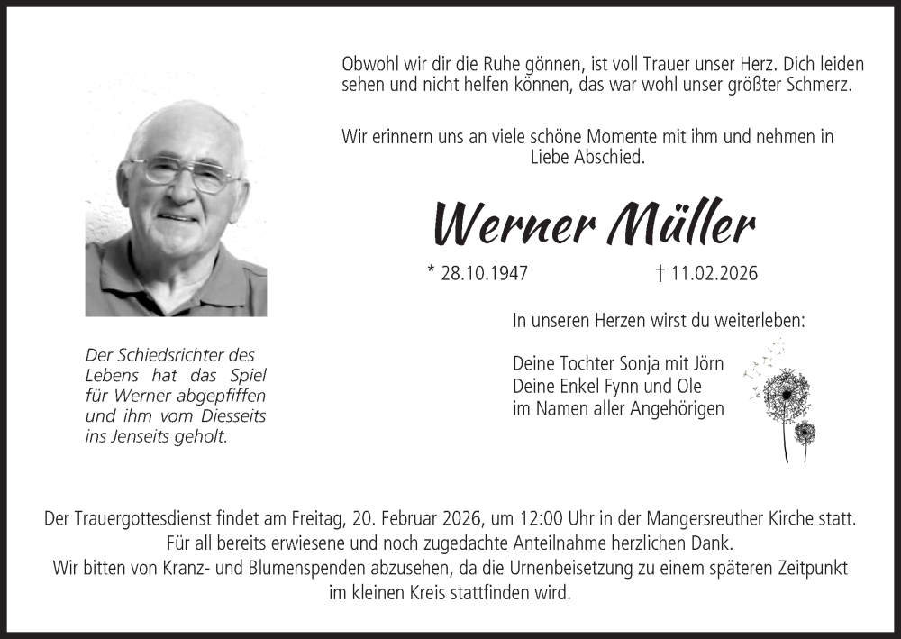  Traueranzeige für Werner Müller vom 17.02.2026 aus MGO
