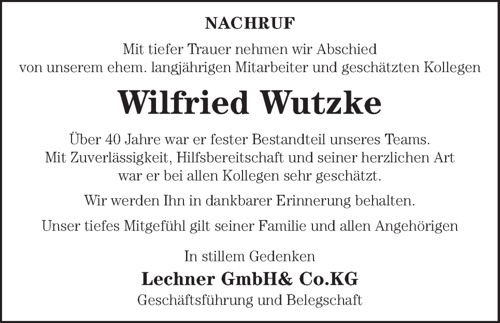  Traueranzeige für Wilfried Wutzke vom 07.02.2026 aus MGO